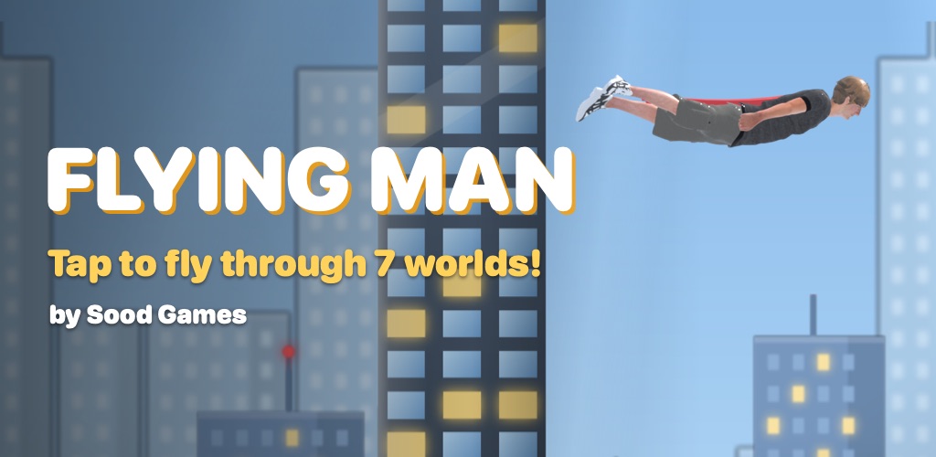 Flying Man soaring past city skyscrapers