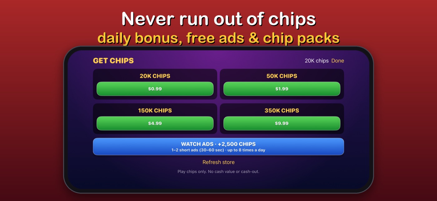 Sood Poker screenshot: Free chips every day